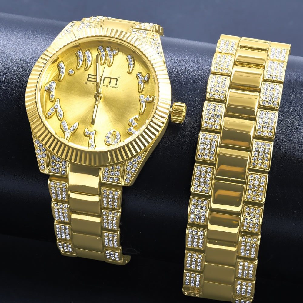Mens Arabic Numeral Face Dial Watch Matching Bracelet Gift Set 14K Yellow  Gold Finish