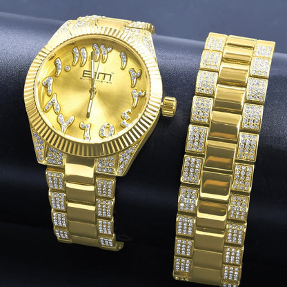 Mens Arabic Numeral Face Dial Watch Matching Bracelet Gift Set 14K Yellow  Gold Finish