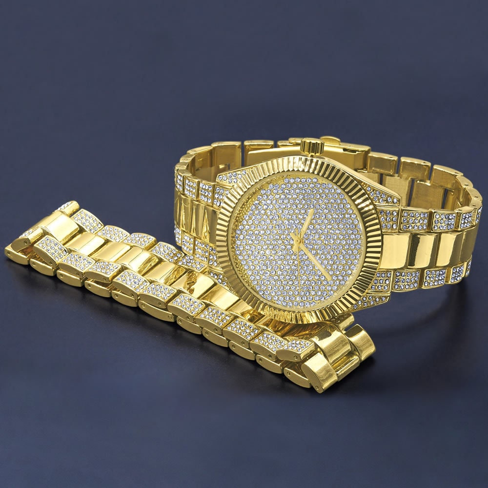 Mens Custom Elegant 14K Yellow Gold Finish Simulated Diamond Designer Ice Watch Bracelet Gift Set