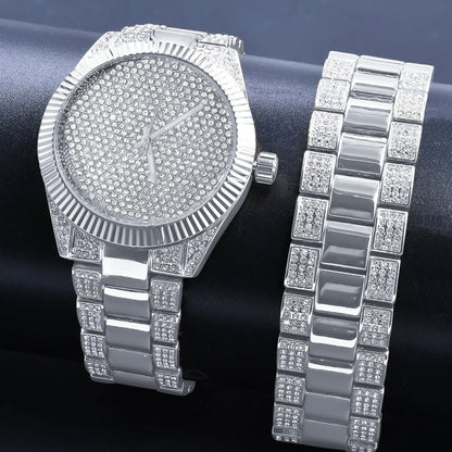 Mens Custom Elegant 14K White Gold Finish Simulated Diamond Designer Ice Watch Bracelet Gift Set