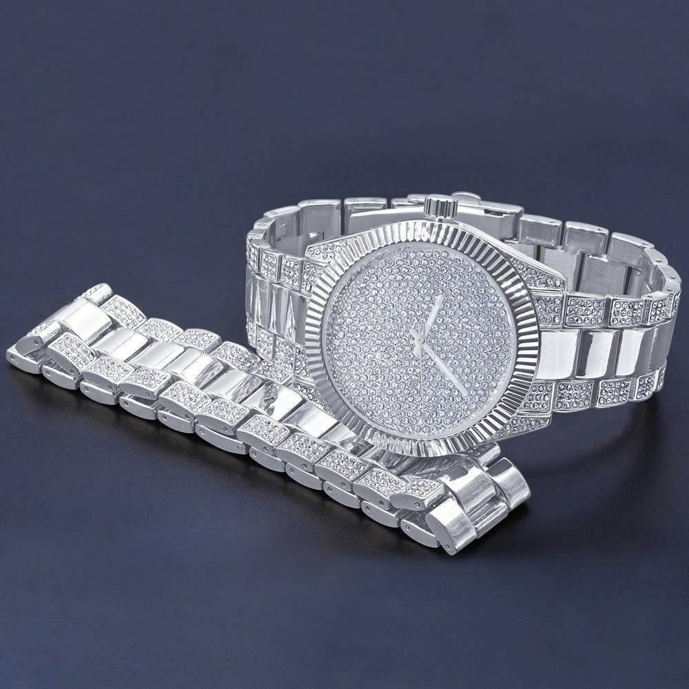 Mens Custom Elegant 14K White Gold Finish Simulated Diamond Designer Ice Watch Bracelet Gift Set
