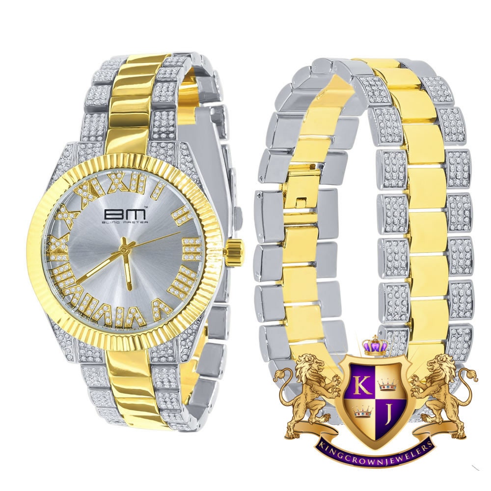 Roman Numeral Face Silver Dial Watch Matching Bracelet Gift Set 14K 2 Tone Gold Finish