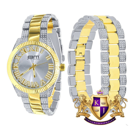 Roman Numeral Face Silver Dial Watch Matching Bracelet Gift Set 14K 2 Tone Gold Finish