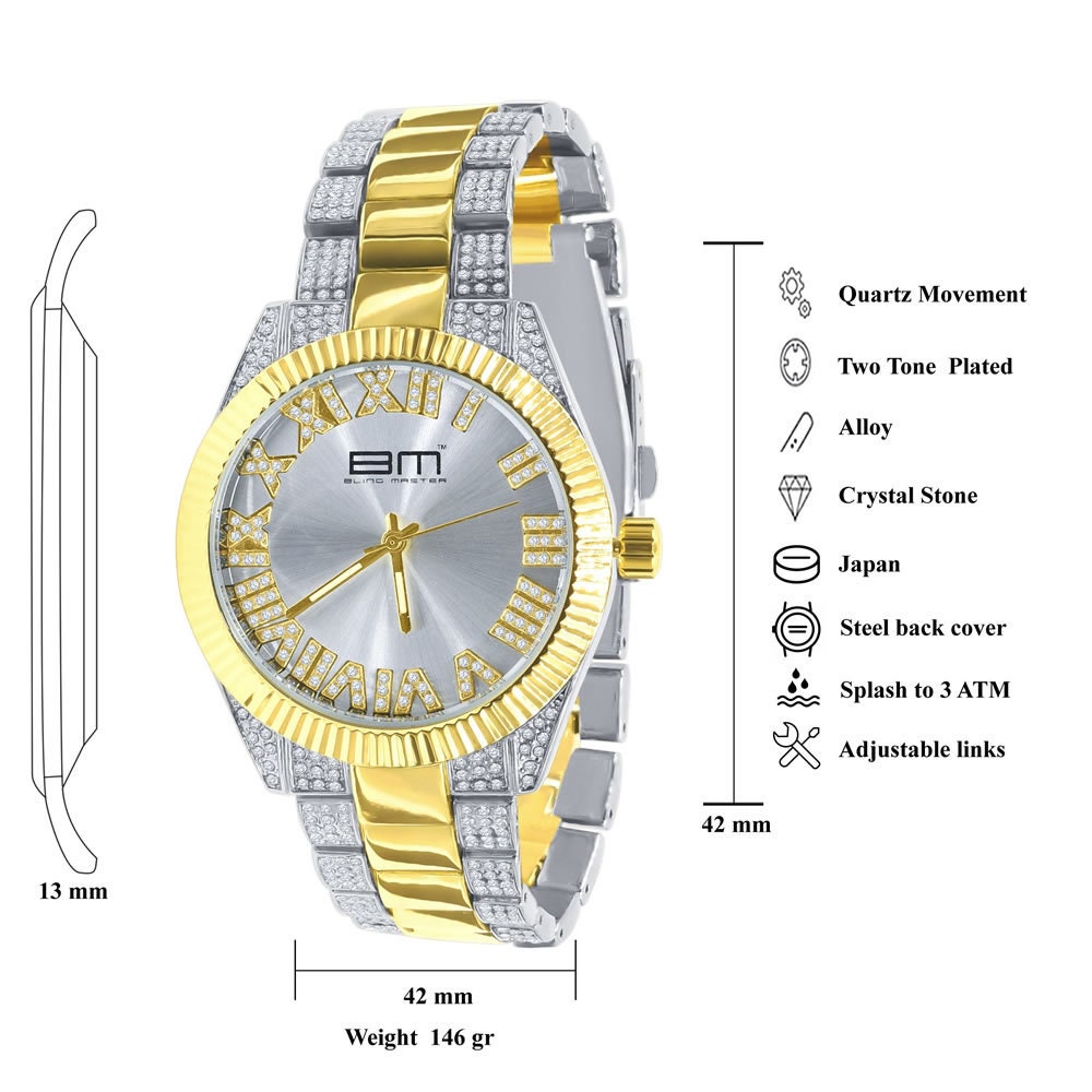 Roman Numeral Face Silver Dial Watch Matching Bracelet Gift Set 14K 2 Tone Gold Finish