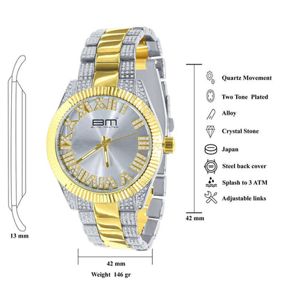 Roman Numeral Face Silver Dial Watch Matching Bracelet Gift Set 14K 2 Tone Gold Finish