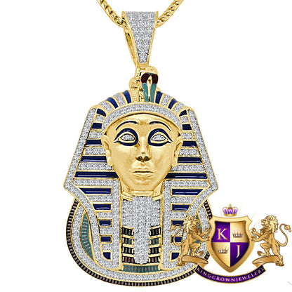 25 + Grams Real Genuine Sterling Silver 2.00 Cwt. Simulated Diamond Multi Tone 14K Gold On Egyptian Pharaoh King Tut Pendant Charm Chain Set
