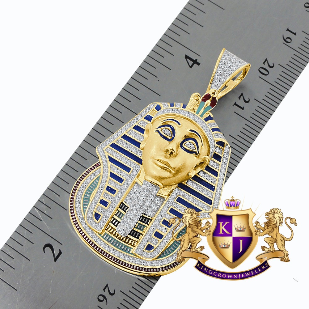 25 + Grams Real Genuine Sterling Silver 2.00 Cwt. Simulated Diamond Multi Tone 14K Gold On Egyptian Pharaoh King Tut Pendant Charm Chain Set