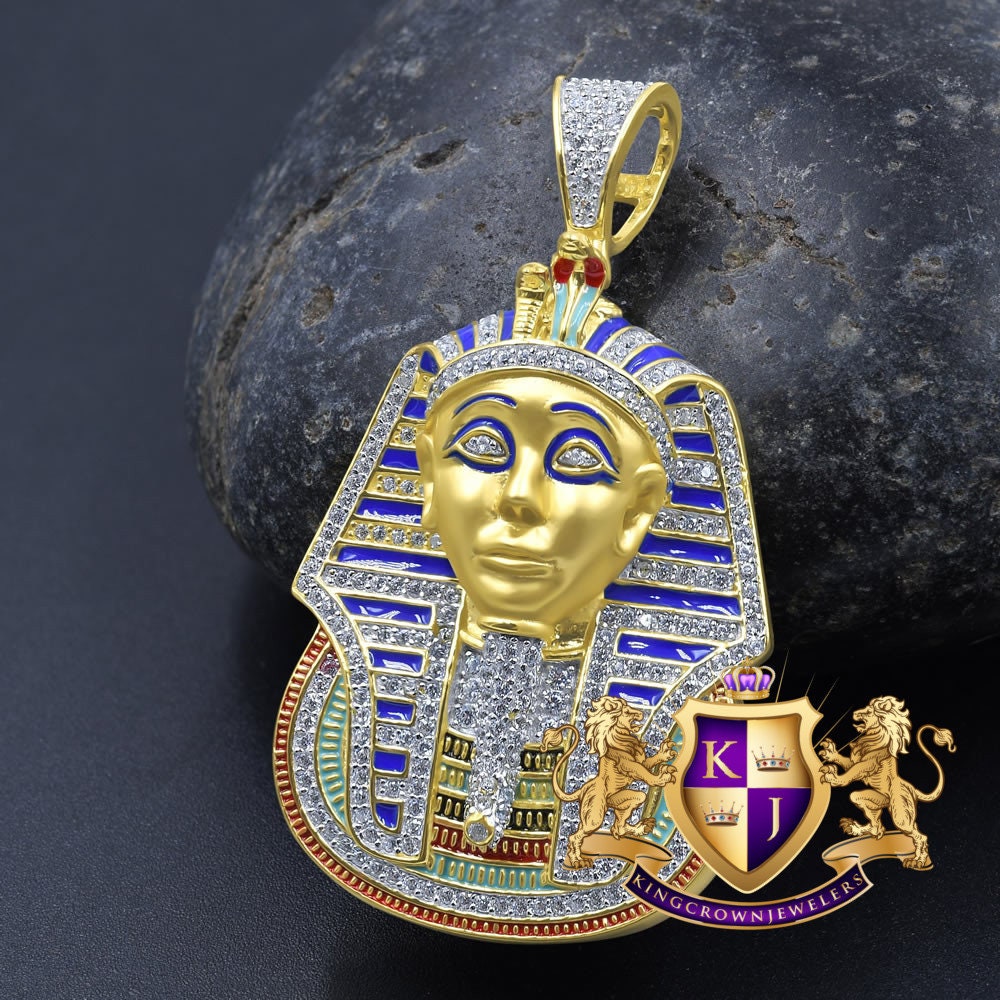 25 + Grams Real Genuine Sterling Silver 2.00 Cwt. Simulated Diamond Multi Tone 14K Gold On Egyptian Pharaoh King Tut Pendant Charm Chain Set