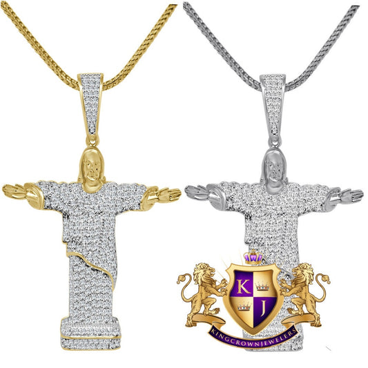 Real Genuine Sterling Silver Simulated Diamond Holy Jesus Full Body 3D Pendant Diamond Charm Chain Set