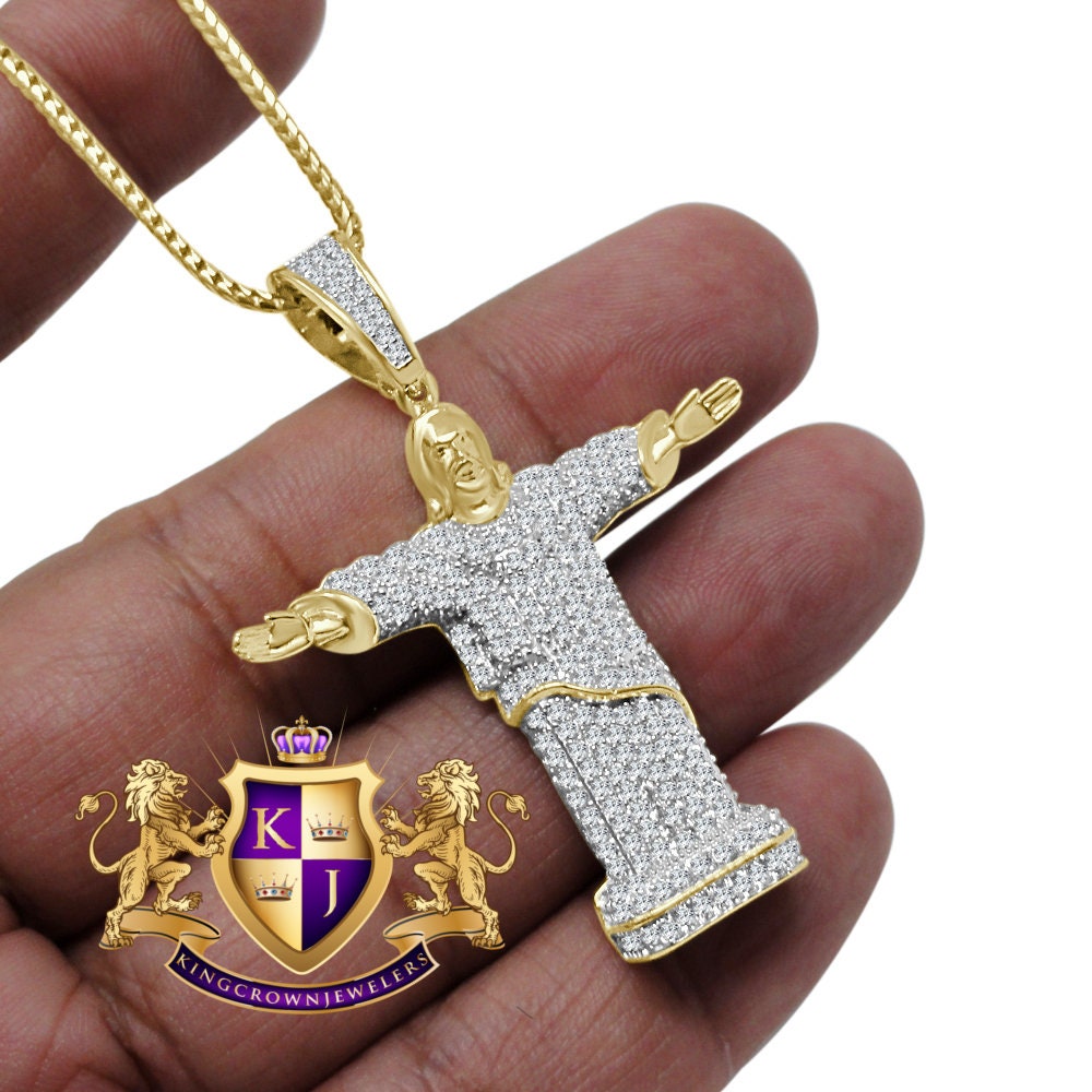 Real Genuine Sterling Silver Simulated Diamond Holy Jesus Full Body 3D Pendant Diamond Charm Chain Set