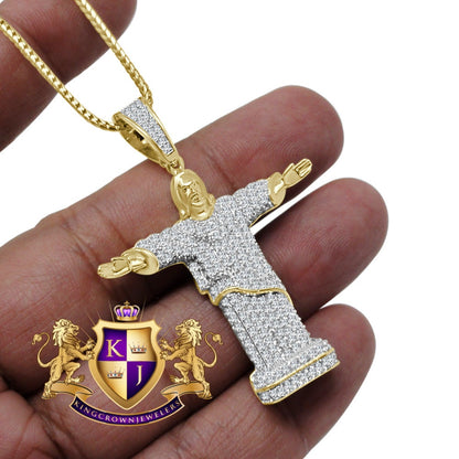Real Genuine Sterling Silver Simulated Diamond Holy Jesus Full Body 3D Pendant Diamond Charm Chain Set