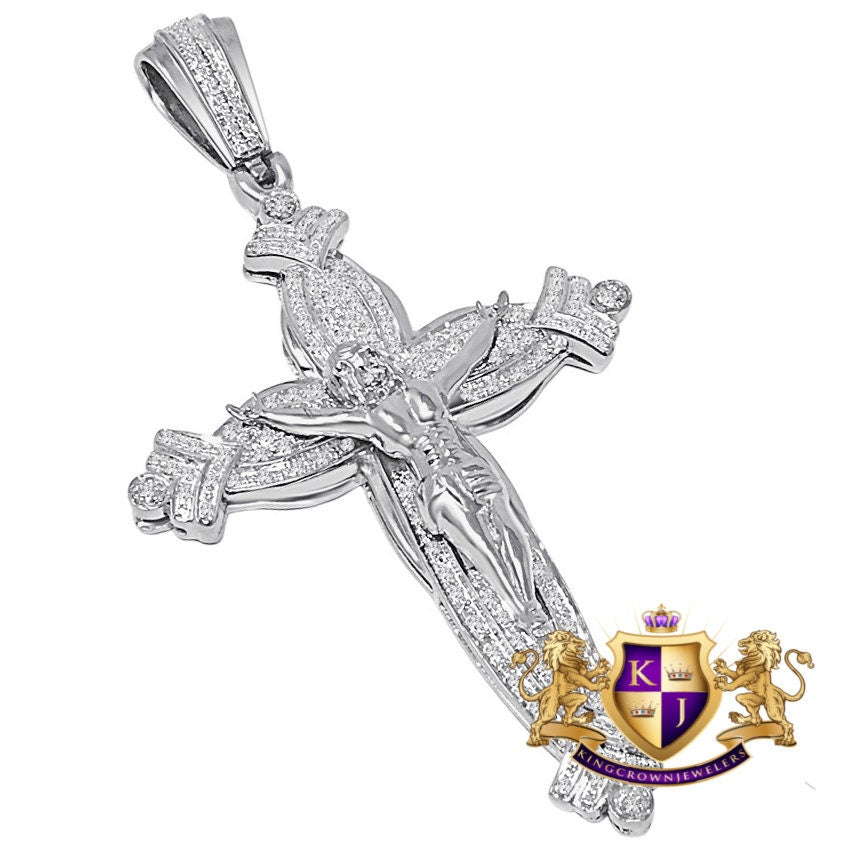 Real Genuine Authentic Diamond O.60 Cwt. 23+ Grams Jesus Christ Crucifix Holy Cross Pendant 10K Solid Gold Over Religious Charm Big 3.5''