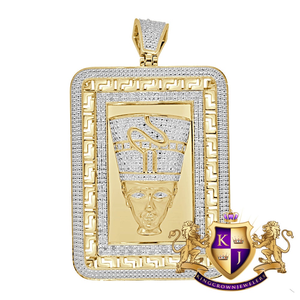 30+ Grams Real Genuine Authentic Natural Diamonds Frame Pendant 10K Gold Over Egyptian Queen Nefertiti Pharaoh Greek Style Charm 2.5''