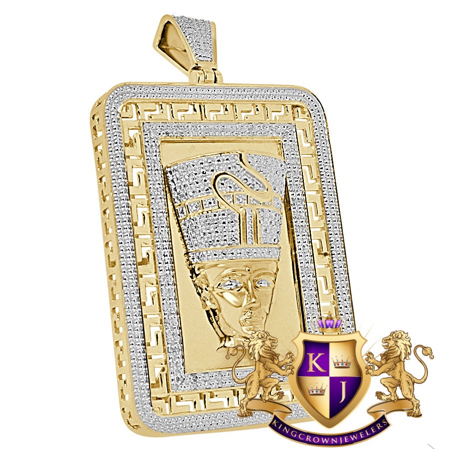 30+ Grams Real Genuine Authentic Natural Diamonds Frame Pendant 10K Gold Over Egyptian Queen Nefertiti Pharaoh Greek Style Charm 2.5''
