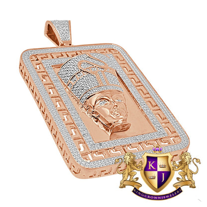 Real Genuine Diamonds Frame Pendent Egyptian Queen Nefertiti Pharaoh Greek Style Charm 10K Rose Gold Finish 2.5''