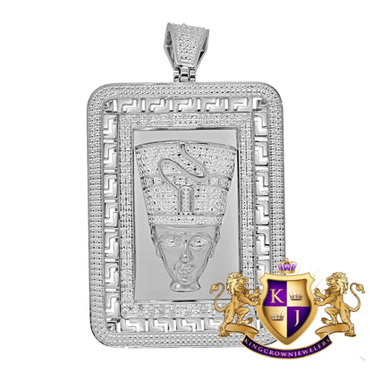 Real Genuine Diamonds Frame Pendent Egyptian Queen Nefertiti Pharaoh Greek Style Charm 10K White Gold Finish 2.5''