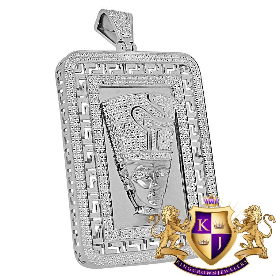 Real Genuine Diamonds Frame Pendent Egyptian Queen Nefertiti Pharaoh Greek Style Charm 10K White Gold Finish 2.5''