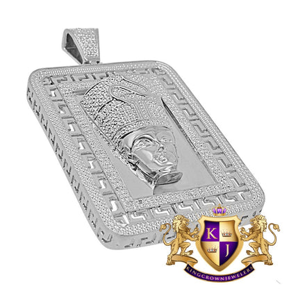 Real Genuine Diamonds Frame Pendent Egyptian Queen Nefertiti Pharaoh Greek Style Charm 10K White Gold Finish 2.5''