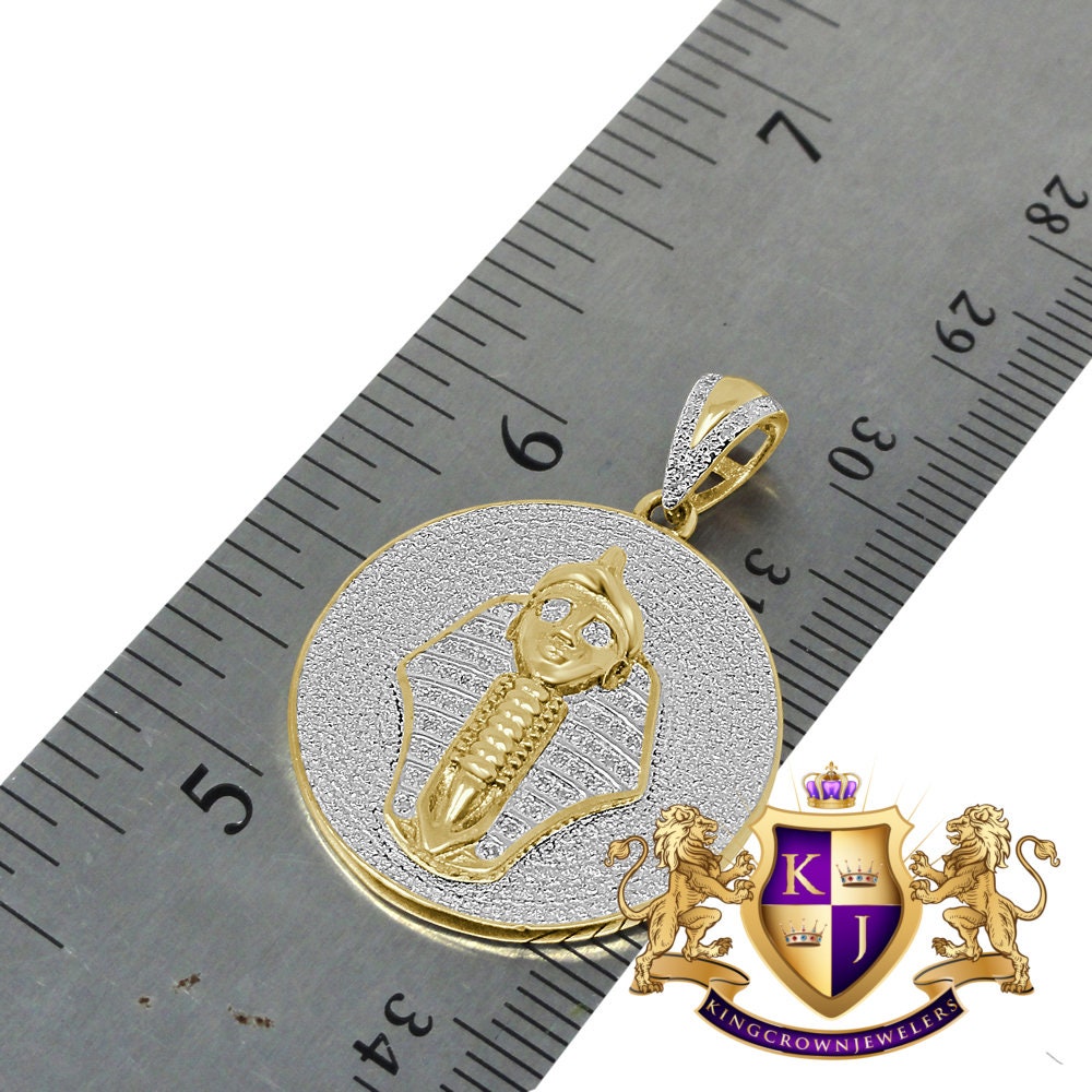 Real Genuine Diamond Egyptian Pharaoh King Tut Charm Pendent Chain Set 10K Yellow Gold Finish