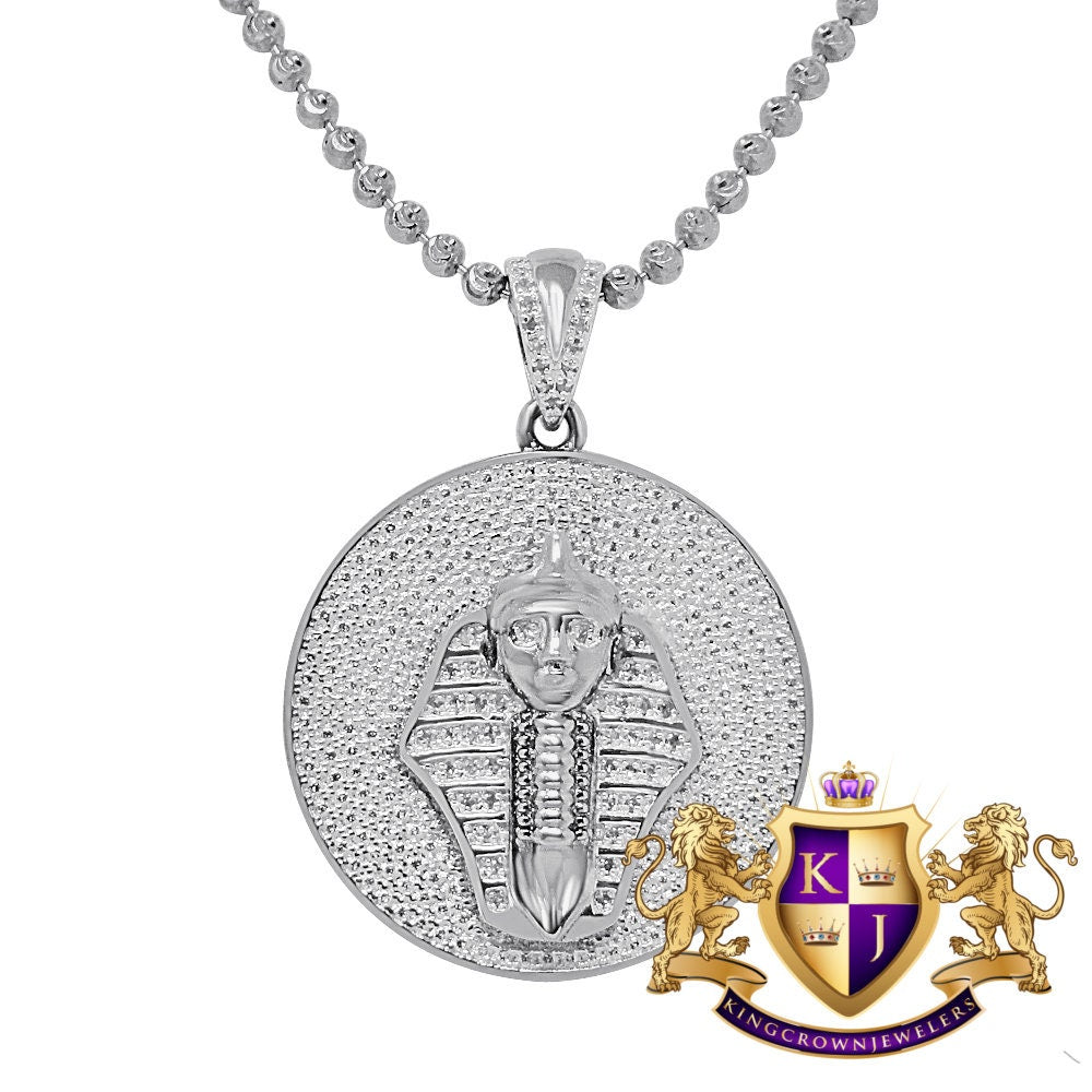 Real Genuine Diamond Egyptian Pharaoh King Tut Charm Pendent Chain Set 10K White Gold Finish