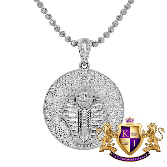 Real Genuine Diamond Egyptian Pharaoh King Tut Charm Pendent Chain Set 10K White Gold Finish