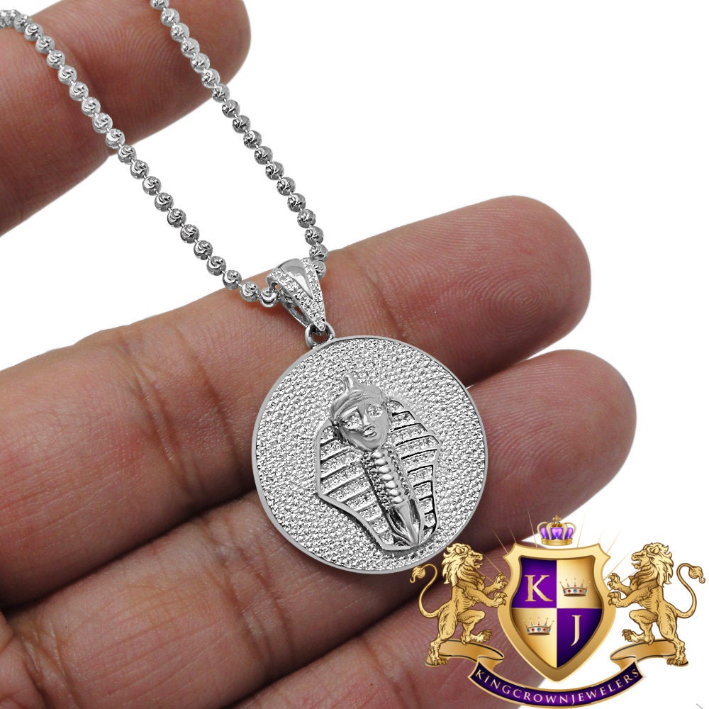 Real Genuine Diamond Egyptian Pharaoh King Tut Charm Pendent Chain Set 10K White Gold Finish
