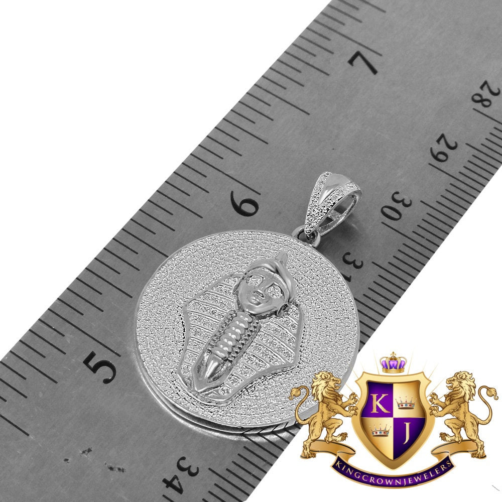 Real Genuine Diamond Egyptian Pharaoh King Tut Charm Pendent Chain Set 10K White Gold Finish