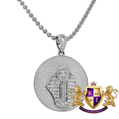 Real Genuine Diamond Egyptian Pharaoh King Tut Charm Pendent Chain Set 10K White Gold Finish