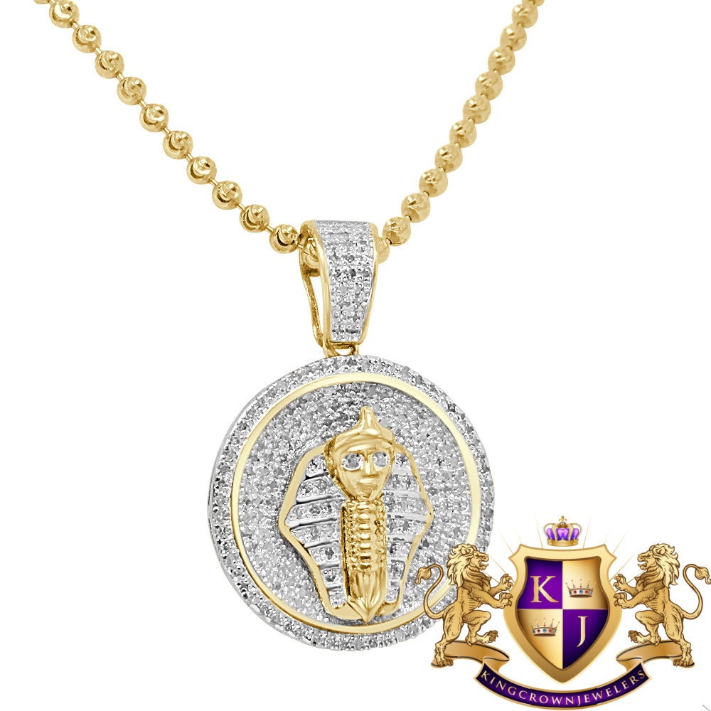 Genuine Diamond 0.75 Ctw Egyptian Pharaoh Mini Charm Chain Pendent Yellow Gold Finish