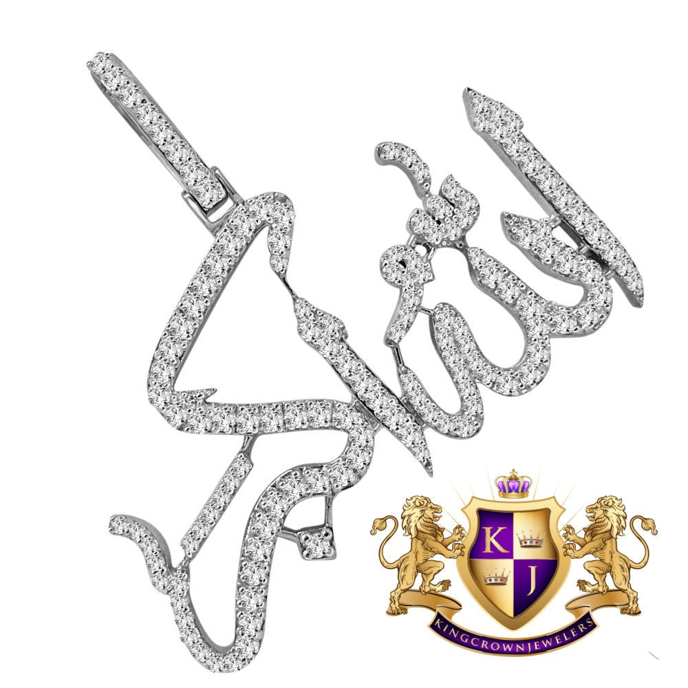 14K White Gold On Real Sterling Silver Allahu Akbar Muslim Pendant Simulated Diamond Islamic Arabic Allah Charm