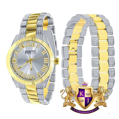 Mens Silver Face Roman Numeral Dial Watch Matching Bracelet Gift Set 2 Tone Gold Finish