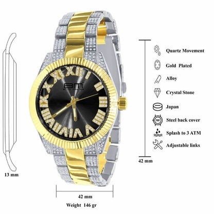 Mens Black Face Roman Numeral Dial Watch Matching Bracelet Gift Set 2 Tone Gold Finish