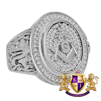 Mens Real Genuine Diamond Masonic Free Mason G Compass Pinky Ring Band 10K White Gold Finish