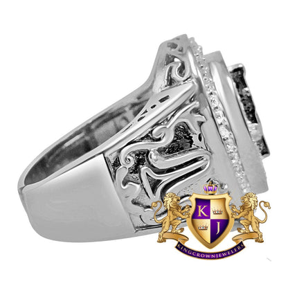 Mens Real Genuine Diamond Masonic Free Mason G Compass Pinky Ring Band 10K White Gold Finish