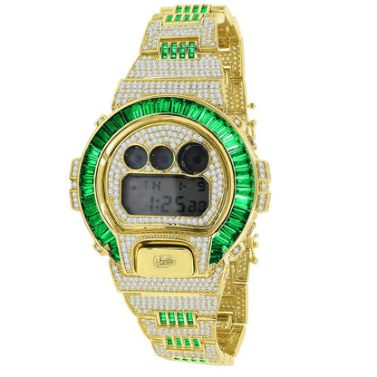 Mens Baguette Green Emerald 4K Yellow Gold Finish Casio G Shock Authentic DW-6900 Custom Digital Watch