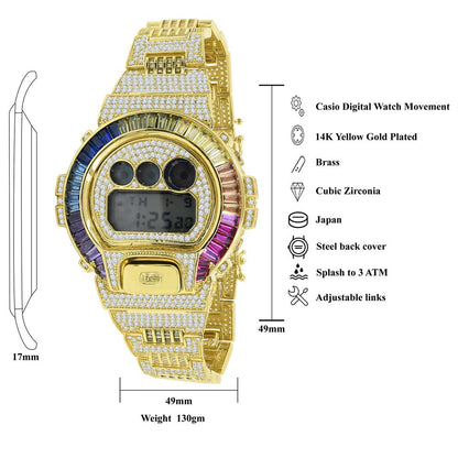 Mens Baguette Rainbow Multi Tone 14k Yellow Gold Finish Casio G Shock Authentic DW-6900 Custom Digital Watch