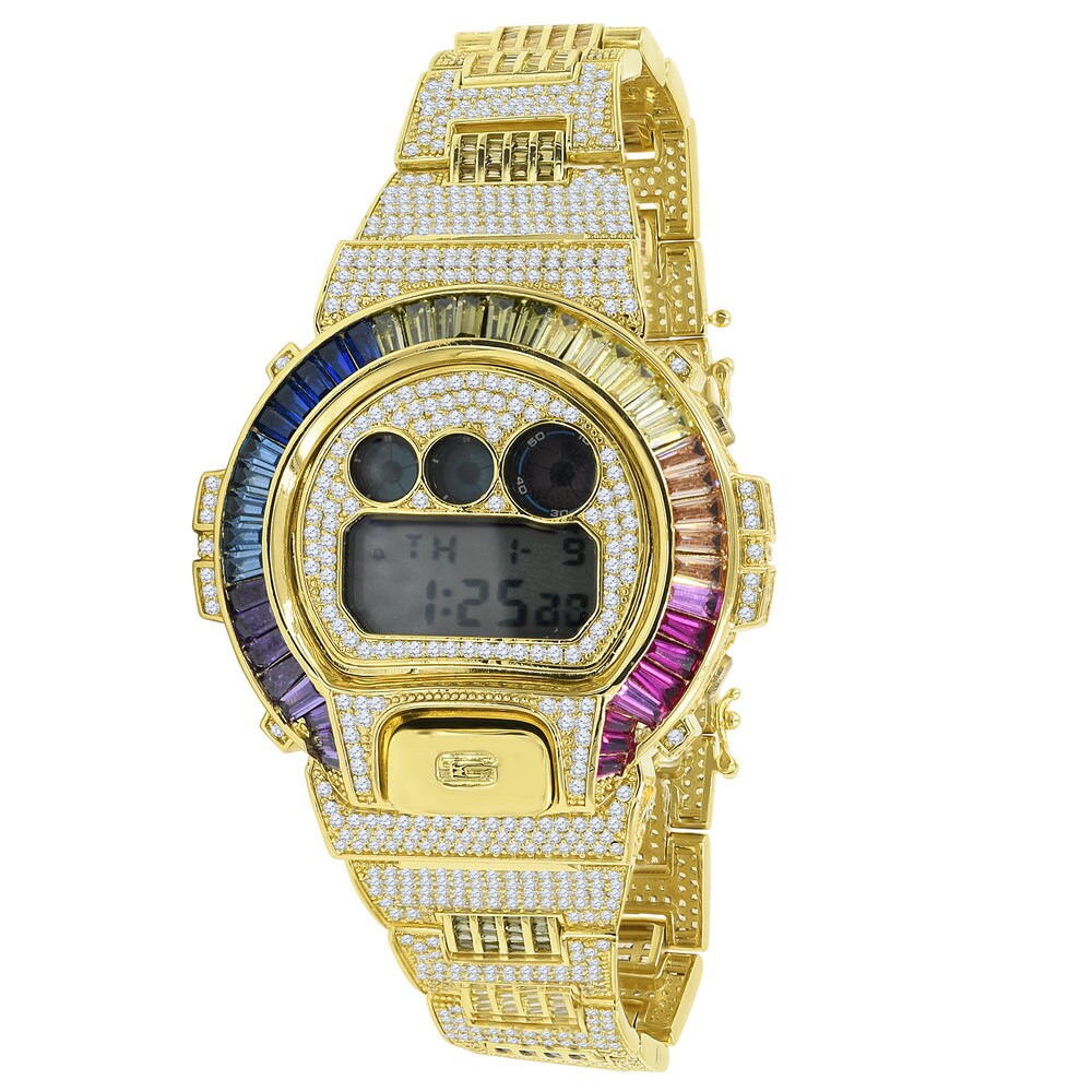 Mens Baguette Rainbow Multi Tone 14k Yellow Gold Finish Casio G Shock Authentic DW-6900 Custom Digital Watch