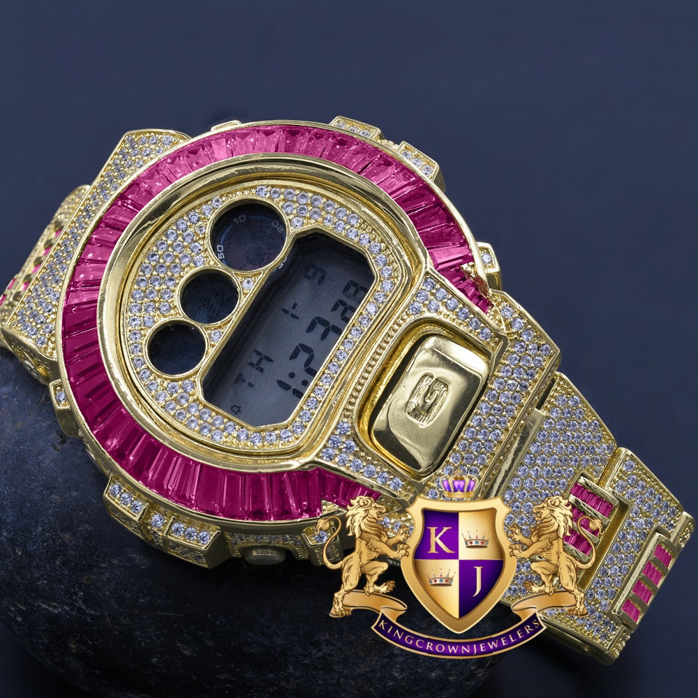 Mens Baguette Pink Tourmaline 14k Yellow Gold Finish Casio G Shock Authentic DW-6900 Custom Digital Watch