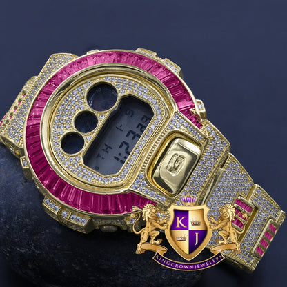 Mens Baguette Pink Tourmaline 14k Yellow Gold Finish Casio G Shock Authentic DW-6900 Custom Digital Watch