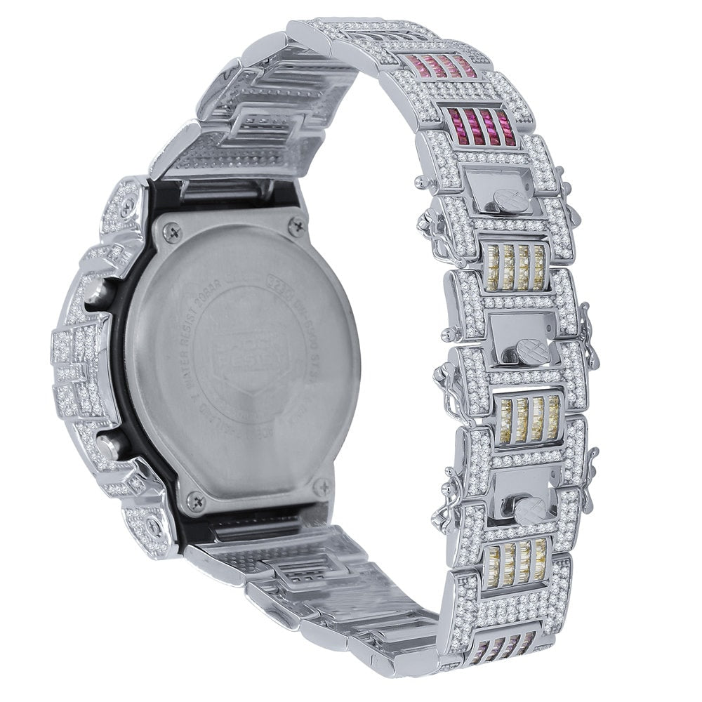 Baguette Multi Rainbow 14K White Gold Casio G Shock Authentic DW-6900 Mens Digital Custom Watch