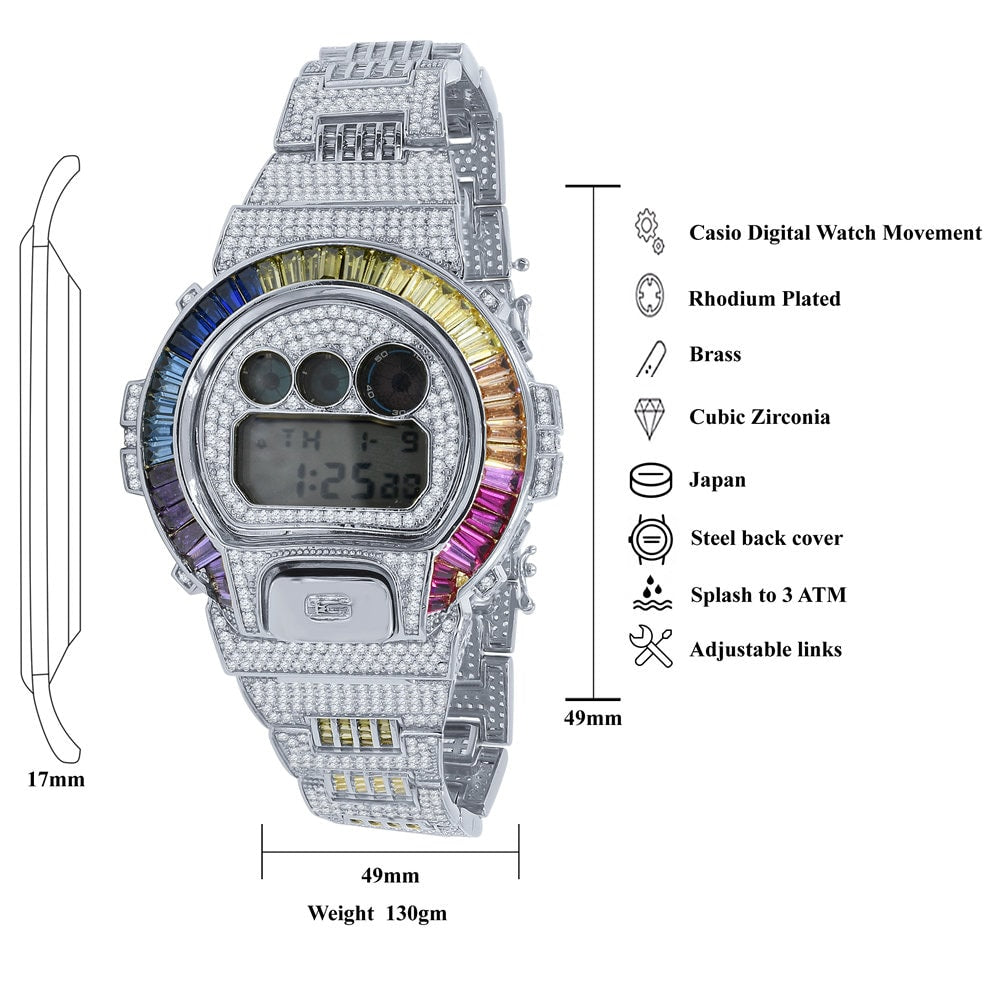 Baguette Multi Rainbow 14K White Gold Casio G Shock Authentic DW-6900 Mens Digital Custom Watch