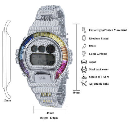 Baguette Multi Rainbow 14K White Gold Casio G Shock Authentic DW-6900 Mens Digital Custom Watch