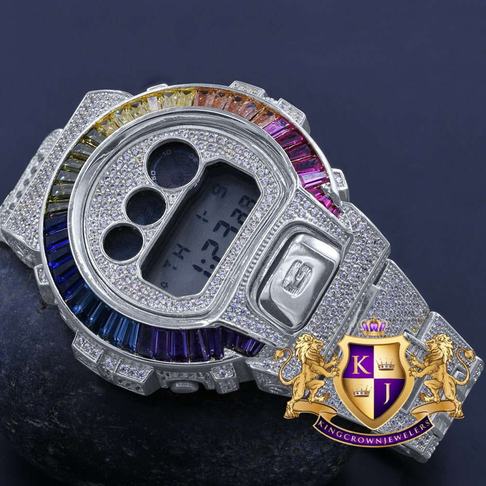 Baguette Multi Rainbow 14K White Gold Casio G Shock Authentic DW-6900 Mens Digital Custom Watch