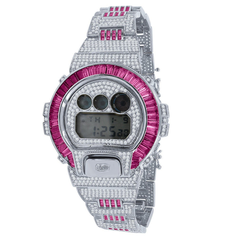 Baguette Pink Tourmaline White Gold Casio G Shock Authentic DW-6900 Custom Watch