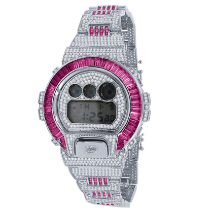 Baguette Pink Tourmaline White Gold Casio G Shock Authentic DW-6900 Custom Watch