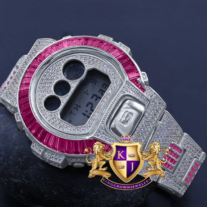 Baguette Pink Tourmaline White Gold Casio G Shock Authentic DW-6900 Custom Watch