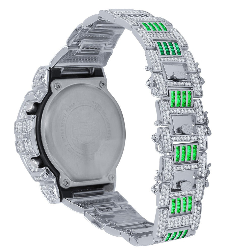 Baguette Green Emerald White Gold Casio G Shock Authentic DW-6900 Custom Watch