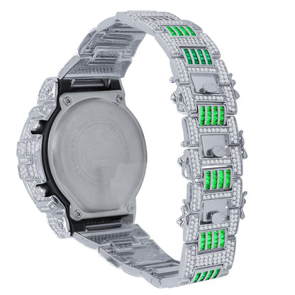 Baguette Green Emerald White Gold Casio G Shock Authentic DW-6900 Custom Watch