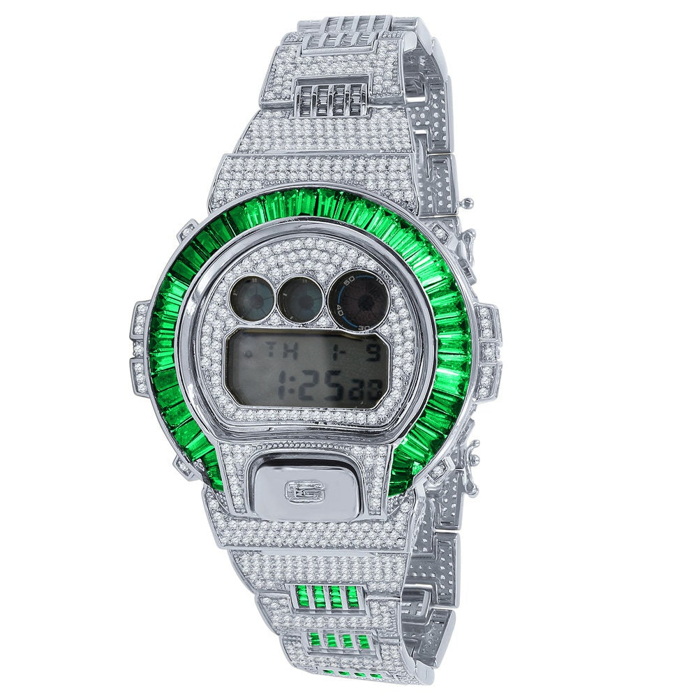 Baguette Green Emerald White Gold Casio G Shock Authentic DW-6900 Custom Watch