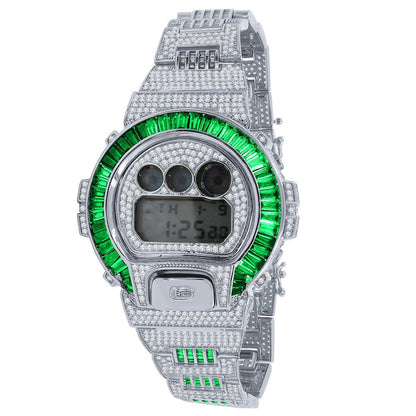 Baguette Green Emerald White Gold Casio G Shock Authentic DW-6900 Custom Watch